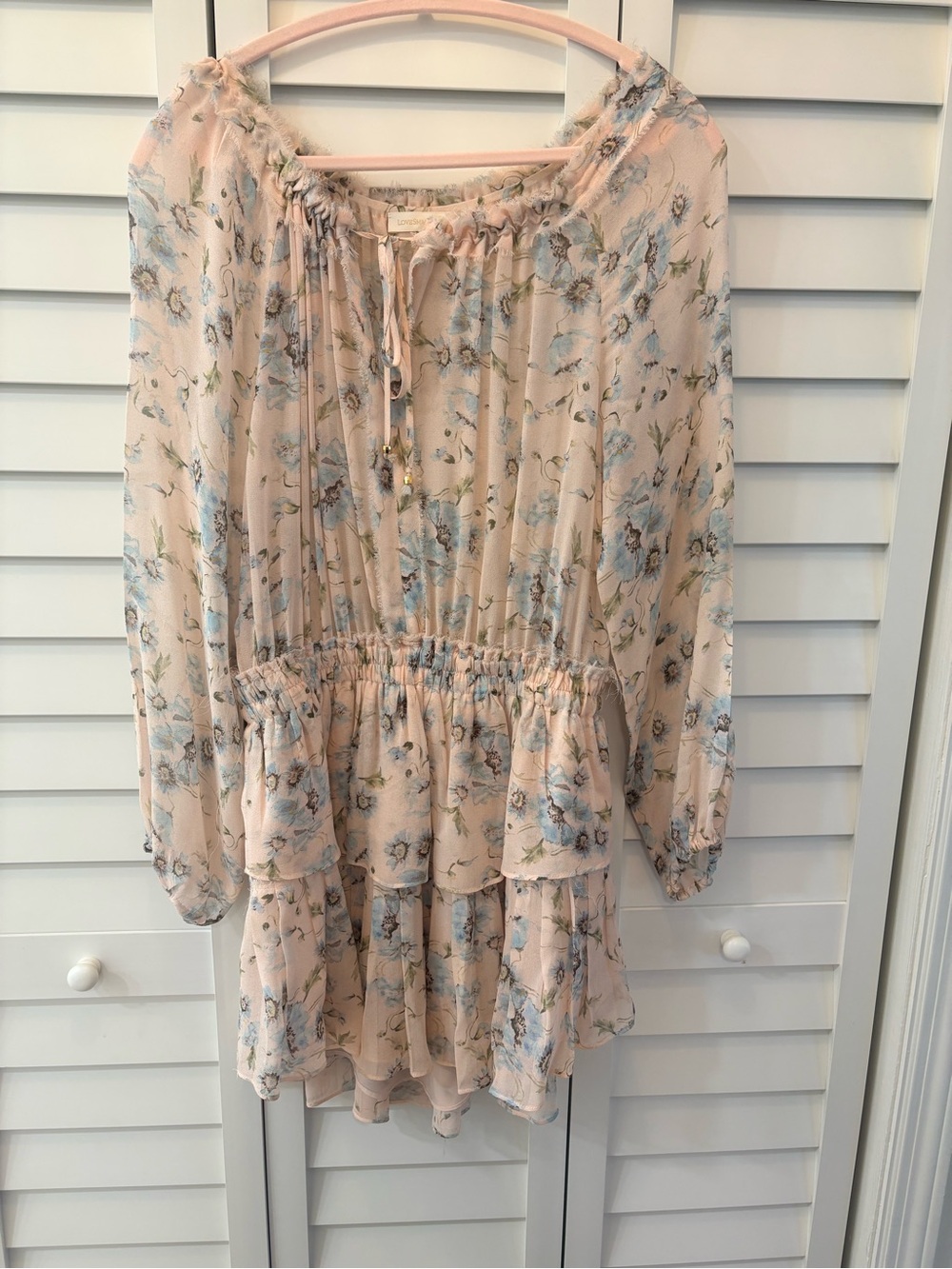 LoveShackFancy Pale Blush Floral Tie-Neck Dress